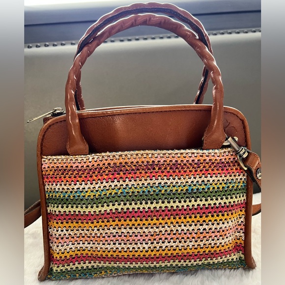 Vintage Woven Satchel Bag Multicolor Boho Tote Purse Brown Leather Trim Handbag - Picture 1 of 8